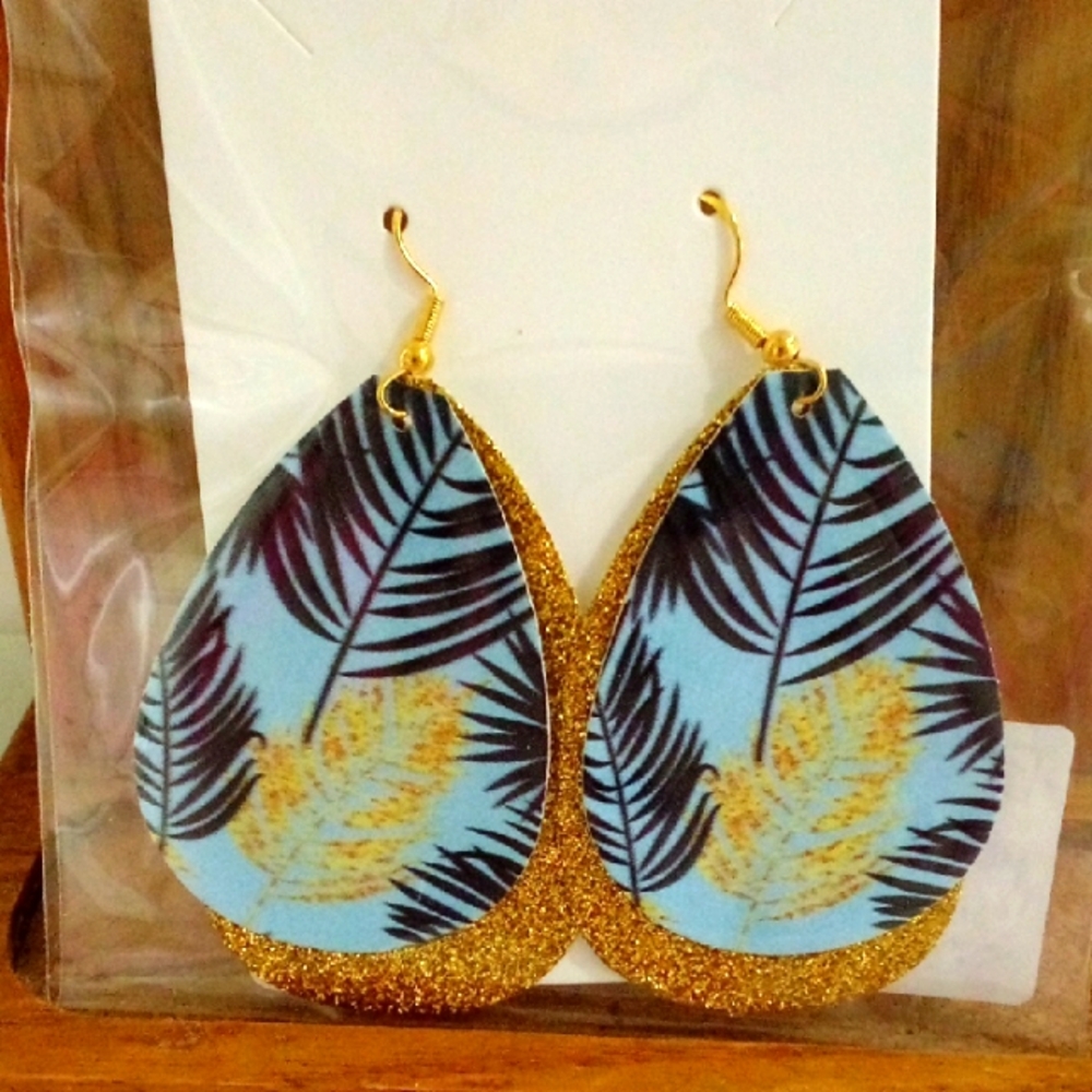 Gold and Blue Palm Leaf Handmade Faux Leather Earrings